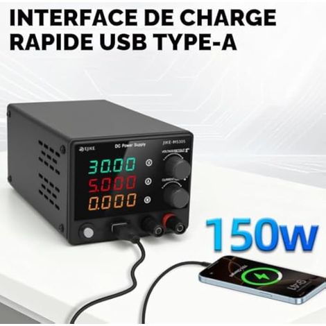 Bloc d'alimentation de laboratoire 30 V 5 A 150 W - Affichage LED à 4 chiffres et clé de verrouillage - DC 0-30 V 0-5 A - Mini bloc d'alimentation de laboratoire USB - Charge rapide - Alimentation à (1/3)