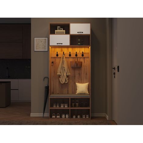 Ensemble de rangement d'entrée avec banc, portemanteau mural à 5 crochets, 2 portes et 6 casiers ouverts - Bois naturel et blanc, 80×185×35 cm (L×H×P) (1/5)