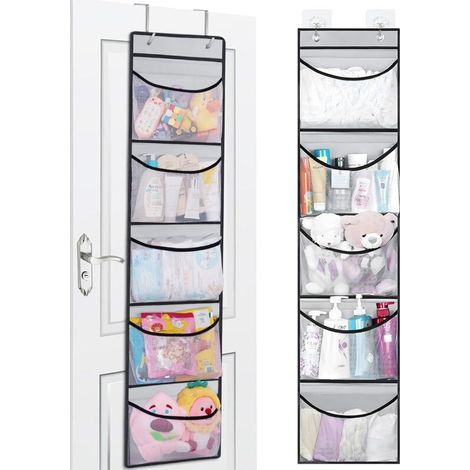 Mensola da appendere alla porta (2 unità), organizer con 5 ampie tasche e 2 ganci in metallo, ideale per cameretta, bagno, cucina e camera da letto. (1/4)
