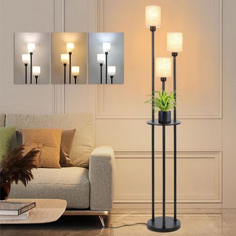 Lampadaire sur Pied Salon Vintage 3 Lumières avec Étagère E27 Industriel, Noir, Interrupteur à Pied, Abat-jour en Lin Beige, Hauteur 1,66m, Câble 1,8m avec Prise UE, Pour Chambre Bureau (1/5)