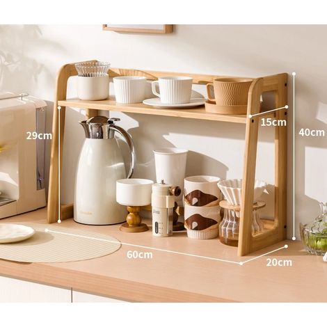 (Bois - 60 x 20 x 40 cm) Nouvelle étagère de cuisine multifonctionnelle à poser sur un plan de travail, avec porte-gobelets et porte-assiettes à plusieurs niveaux. (1/5)