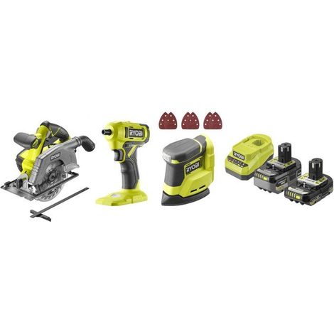 RYOBI Pack 3 herramientas ONE+ 18V taladro atornillador + sierra de calar + lijadora delta + baterías 4Ah y 2Ah + cargador R18CK3G-242G (1/5)