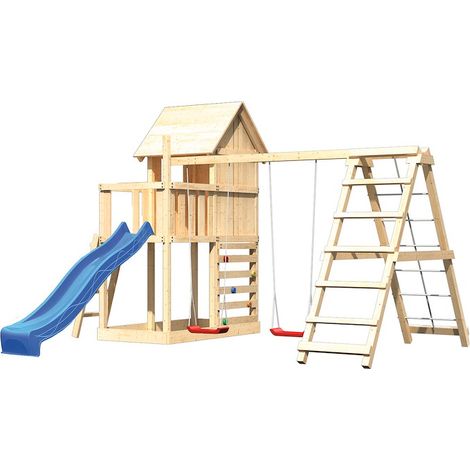 Akubi Stelzenhaus Frieda natur Rutsche blau+DS+KG+Kletterwand