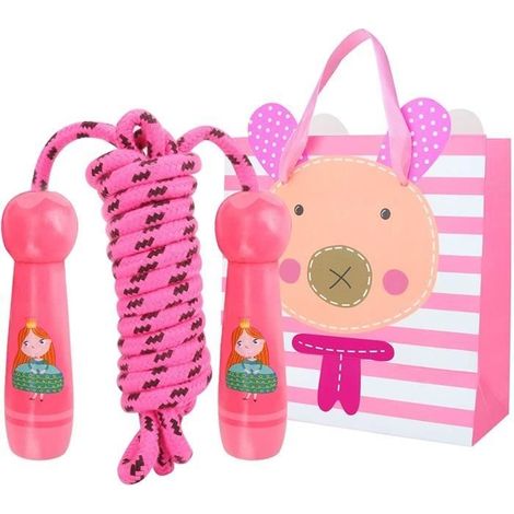 Corde à sauter - Réglable - Poignée en bois - Couleur rose - Pour enfants (1/4)