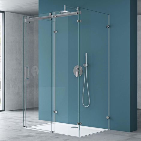 Mai & Mai U-Form Duschkabine 100x140x100cm Rahmenlos [inklusive Duschwanne] Höhe:195cm 8mm Schiebetür Duschabtrennung ESG Nano Klarglas 4-Punkt Halterung Duschwand Rav17-2UK