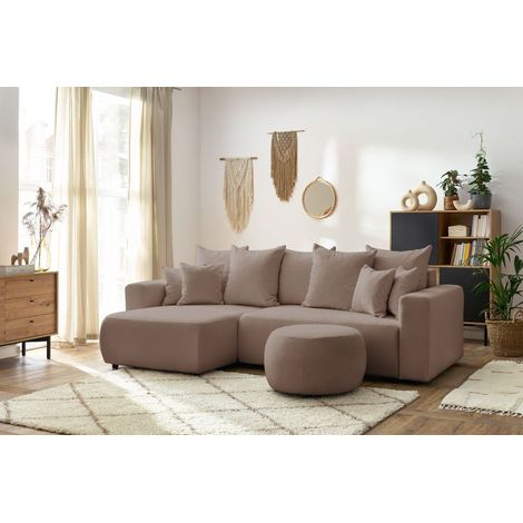BOBOCHIC - Canapé d'angle réversible convertible coffre ENVY tissu bouclette doux avec pouf rond Marron (1/5)