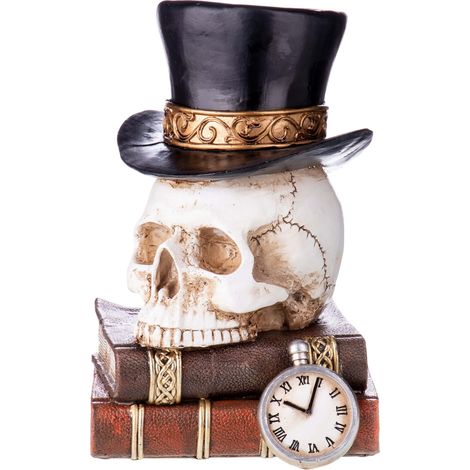 Gotische Skulptur eines Schädels mit Hut auf Büchern (1/5)