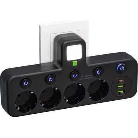Wall socket, independent switch, surge-protected USB socket (4 sockets + USB, black) (1/4)