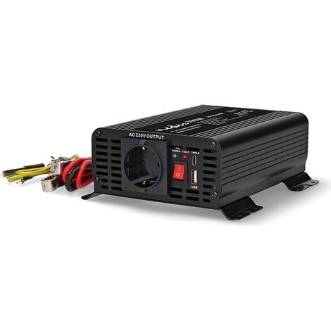 Nedis Power Inverter reine Sinus-Wellen / Eingangsspannung: 12 V DC / Geräteausgangsanschluss: Type F (CEE 7/3) / USB-A / 1x USB-C™ / 230 V AC 50 Hz / 300 W / Spitzenleistung: 600 W / Schraubklemme / 