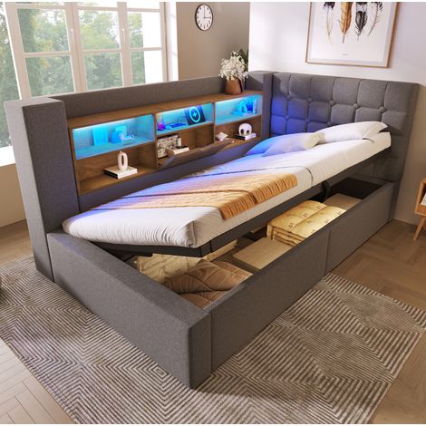 Letto singolo 90x190 cm grigio in lino con LED, ricarica USB e vano contenitore (1/5)