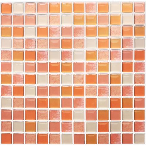 3d Autocollant Mural Imperméable Auto-adhésif en Mosaique, Carrelage Adhesif Mural Salle de Bain, Carreaux Adhesif Mural Cuisine, 4 pcs Orange (1/5)