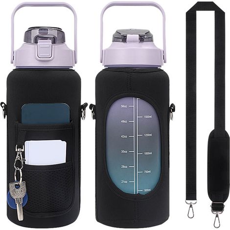 Tragbare Wasserflasche mit Becherhülle, Tragegurt, Sport-Wasserflasche für Outdoor-Tauchgänge, extra große 2000ml tragbare Sport-Wasserflasche, schwarz. (1/5)