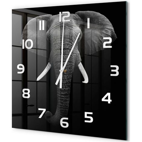 Grande Horloge Murale Carrée Objet Décoratif en Verre Silencieuse pour Salon Éléphant d'Afrique 60x60 cm