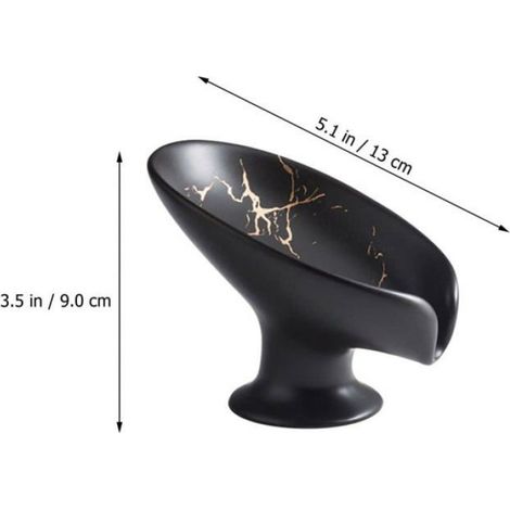 Porte-savon en céramique forme feuille aspect marbre, auto-drainant, décoratif noir pour salle de bain (1/5)
