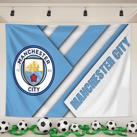 Tapisserie Murale Foot, Écussons Man City,Tissu Peachskin, Pour Salon, Bar, Chambre, Fan Zone, Outils Montage Inclus,01, 150x100cm