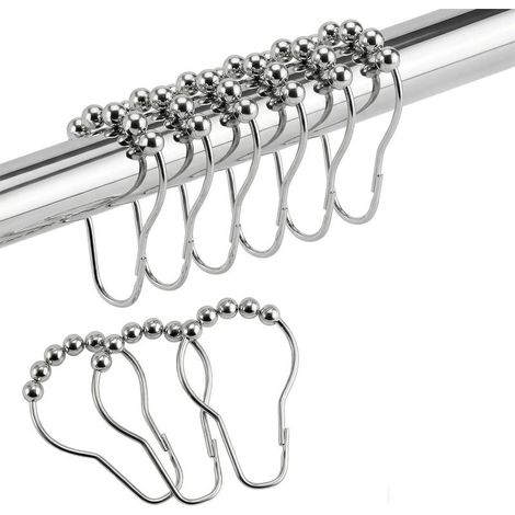 Anneaux de rideau de douche en acier inoxydable – 12 crochets antirouille avec rotules – installation facile – (argenté) (1/5)