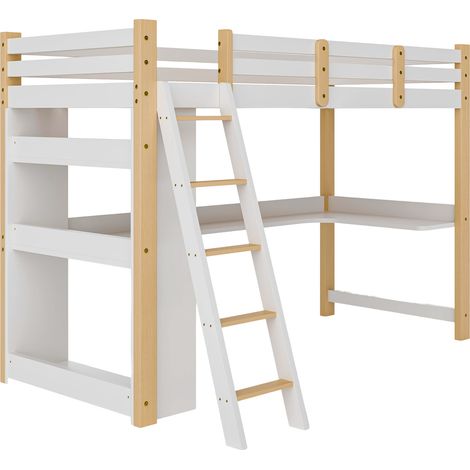 Cama alta infantil de 90 x 200 cm, cama familiar multifuncional en blanco, cama infantil con escalera inclinada, escritorio y estante integrados, litera de madera maciza. (1/5)