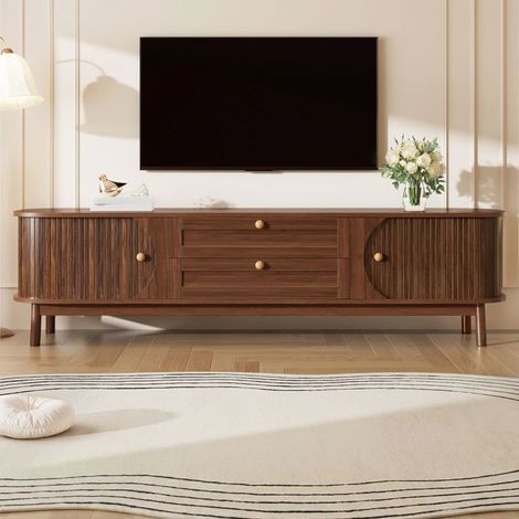 Meuble TV 170 x 46 x 39,5 cm portes et tiroirs rangement finition noyer pieds bois stables coins arrondis poignées métal (1/5)