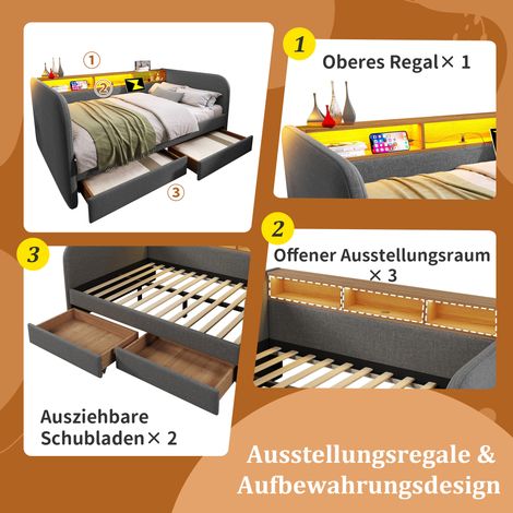 Lit-clic 140x190 cm, canapé-lit jour avec LED et port USB-C, banquette 2 tiroirs, tête de lit rangement, lin gris (sans matelas) (1/5)