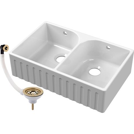 Balterley Fireclay Double Bowl Fluted Front Butler Kitchen Sink with Full Weir, Overflows, Tap Ledge & Brushed Brass Wastes, 795mm (1/3)