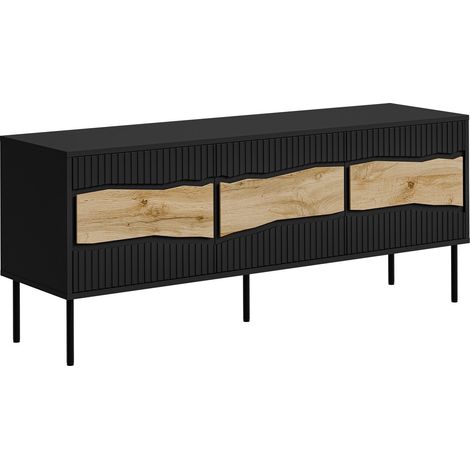 Mueble TV Monevare 103, Negro + Roble wotan, Número de puertas: 0, Número de cajones: 0, 144x62x40cm, LED