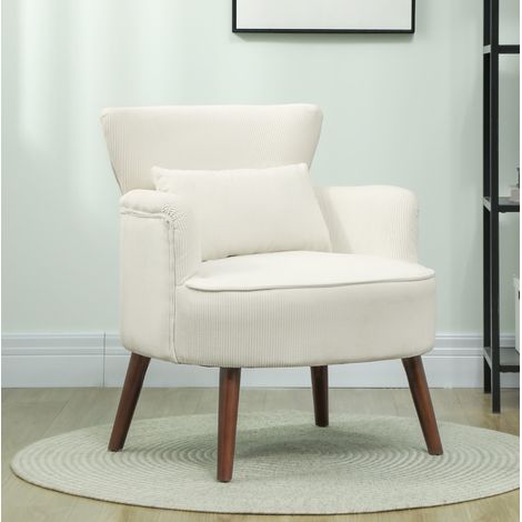 Fauteuil rembourré avec accoudoirs arrondis et pieds en bois, blanc crème (1/5)