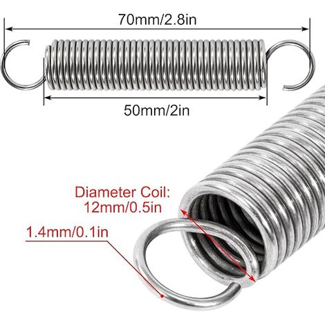 Traction Spring 70 mm Tension Springs Hooks Stainless Steel Spring Wire Diameter 1.4 mm Outer Diameter 12 mm Force 4.8 kg (1/4)