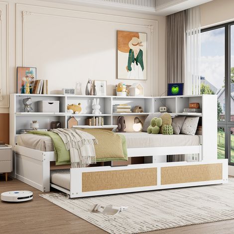 Lit adulte banquette 160 x200 cm en bois blanc avec lit gigogne, rangements et prises USB (1/5)