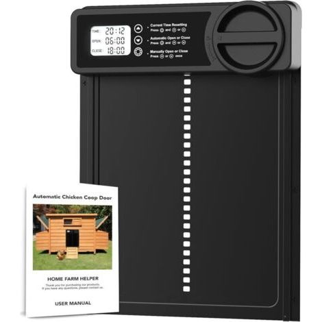 Puerta automática para gallinero con temporizador de mañana/noche, puerta automática antipinzamiento para gallinero, aleación de aluminio, pantalla LCD impermeable. (1/5)