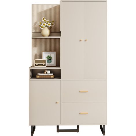 Garde-robe compacte d’entrée avec panneaux rembourrés, espace chaussures, penderie coulissante et 2 tiroirs, 110 x 38 x 186 cm, beige et gris CHICFURN (1/5)