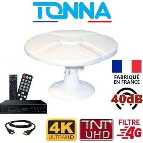 ANTENNE CAMPING CAR 40dB TNT HD OMNI TONNA + Récepteur TNT HD DVB-T2 SEDEA SNT-2002-HD + Câble HDMI