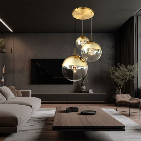 Globo – Suspension lustre 3 flammes en verre doré – Abat-jour en verre transparent – Douilles E27 – Dimensions 51x120 cm