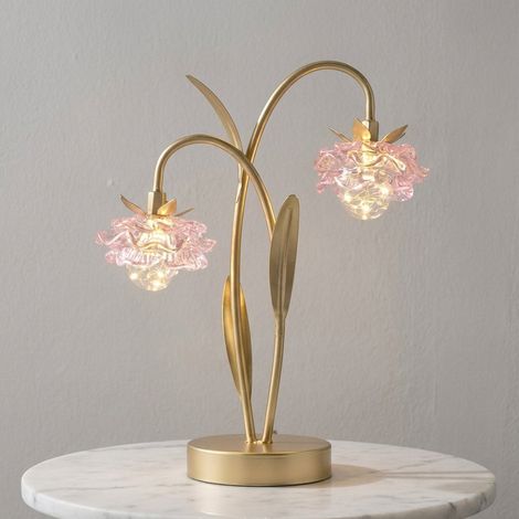 Two Stem Pink Glass Flower LED Table Lamp (1/2)