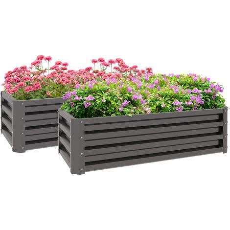 Outsunny Outdoor Planter Box, Steel Raised Garden Bed, Set of 2 Grey (1/5)