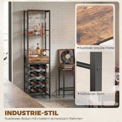 Buffet de bar industriel avec tiroir, étagère à vin pour 12 bouteilles, porte-verres, marron rustique (1/5)