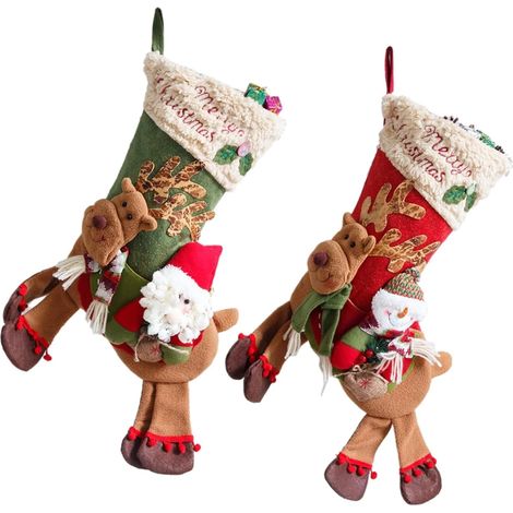 2 bas de Noël, décoration de bas de Noël Père Noël/Bonhomme de neige chevauchant un renne, cadeau en peluche en forme de canne de Noël (1/5)