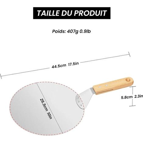 Pelle Pizza, Palette à Pizza 25,5 x 25,5 cm Ronde Avec 22 cm Manche En Bois et Plateau Métallique en Acier Inoxydable - Spatule Cuisine pour Tourner vos Pizzas, Crèpes, Tarte etc (1/4)
