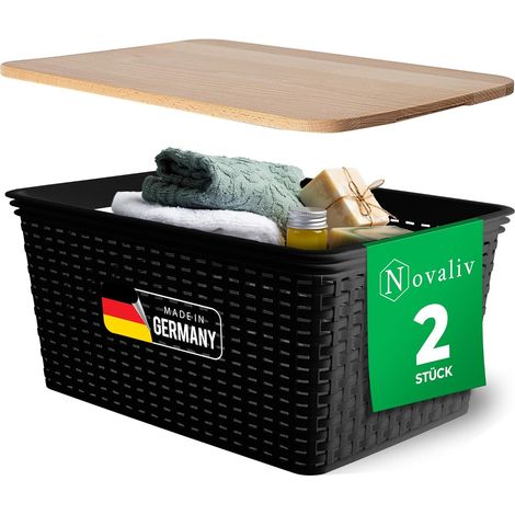 Novaliv lot de 2 paniers de rangement élégants avec couvercles en bois aspect rotin Plastique alimentaire noir 14L Parfait pour la salle de bain