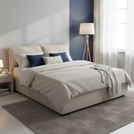 Talamo Italia Cama matrimonial Denise, Cama contenedor con revestimiento de tela, 100% Made in Italy, Apertura frontal, con colchón 160x190 cm incluido, Beige, con embalaje reforzado (1/5)