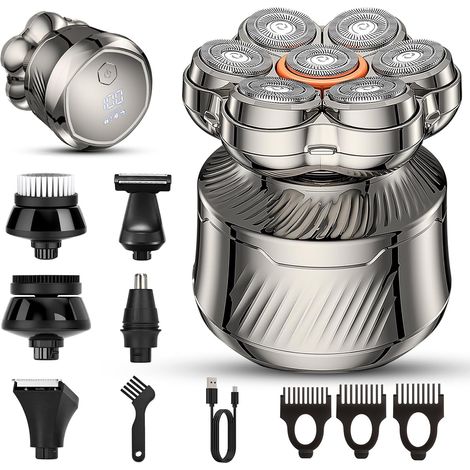 Rasoir Crâne Homme 7D, Rasoir Électrique 6 en 1 avec Têtes Flottantes, Tête Magnétique Amovible, Rasage Humide et Sec, Écran LED, Charge USB-C, Tondeuse Nez, Tondeuse Cheveux et Corps (1/5)