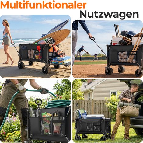 Chariot pliable 200L+100L avec trappe arrière, format 140cm équipé de roues tout terrain 17x10cm, pratique pour jardin, shopping, plage et activités outdoor, noir (1/4)