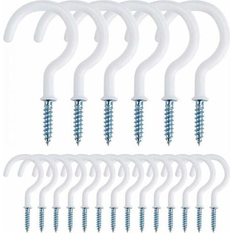20 (white) screw hooks, cup hooks, vinyl-coated multi-purpose hooks, 2 inch eye hooks, ceiling hooks, (1/4)