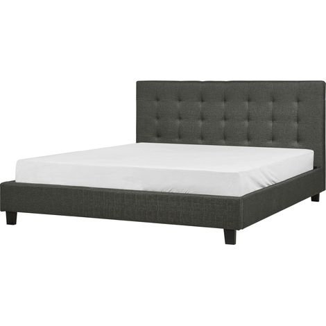Lit Double avec Cadre 180x200 cm en Tissu Gris Foncé Tête de Lit Capitonnée Rochelle