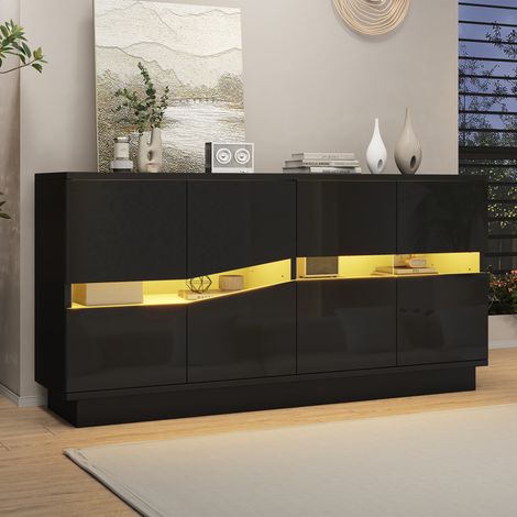 Buffet bas LED 140x35x70 cm avec éclairage LED, 4 portes, étagères réglables, meuble rangement salon salle à manger - Noir (1/5)