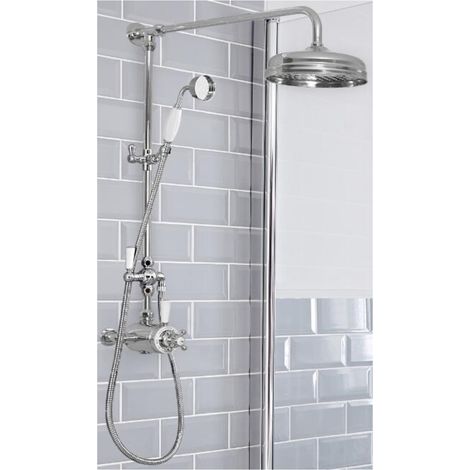 Milano Elizabeth Grand Rigid Riser with 2 Outlet Dual Exposed Thermostatic Mixer Shower Valve Round Rainfall Shower Head and Hand Shower Handset - Chrome & White