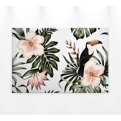 Tableau été à fleur & oiseau | Tableau sur toile jungle toucan & hibiscus pour salon | Tableau tropical rose vert & blanc pour chambre - 0,9 x 0,6 m (1/5)