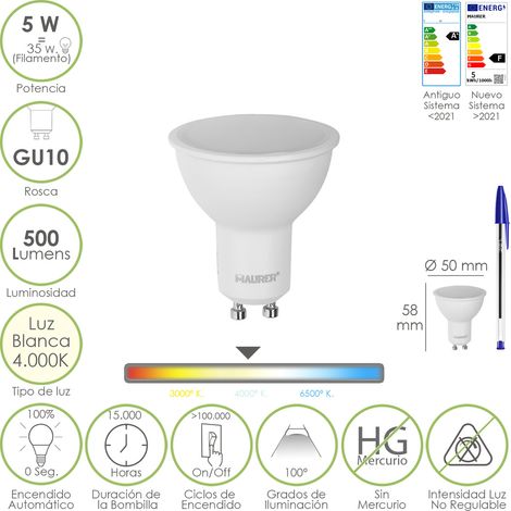 Bombilla Led Dicroica Rosca GU10. 5 Watt. Equivale A 35 Watt. 500 Lumenes. Luz Neutra 4000º K