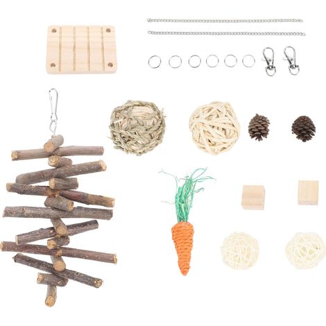 Ensemble de jouets à mâcher pour hamsters : boules de feuilles de maïs, branches, cubes de pin, carottes, pour soulager l'ennui et se faire les dents. (1/5)