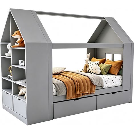CHICFURN Lit cabane enfant 90 x 200 cm gris, avec 2 tiroirs, rangements latéraux et LED à commande app, structure bois pour chambre moderne (1/5)