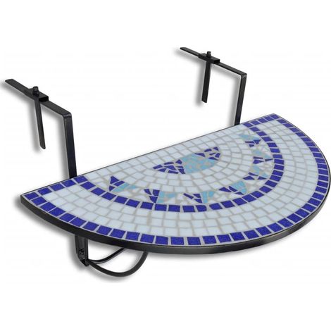 Tables de jardin, Table suspendue de balcon Table d'appoint, Bleu et blanc Mosaïque OIB2336E (1/4)